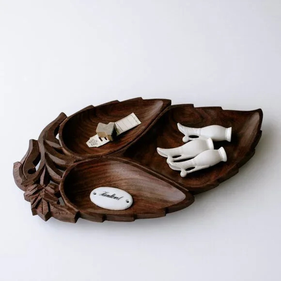 Vintage Hand Carved Wood Divided Leaf Shaped Tray - Picture 2 of 4